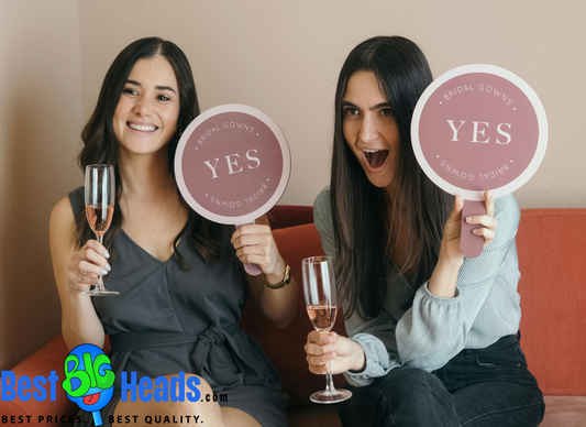 A group of friends playfully voting "yes" for their friend's wedding, holding signs and cheering with big smiles, creating a joyful and supportive atmosphere at the celebratio