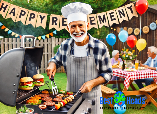 The retiree, wearing an apron and smiling, tends to a grill filled with sizzling food while guests enjoy the celebration at picnic tables adorned with colorful decorations.