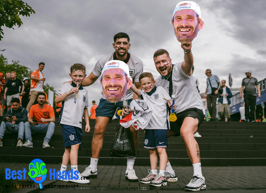 Excited fans in the stadium holding a large MVP face cutout, cheering enthusiastically for their favorite player, surrounded by a vibrant crowd and team colors.