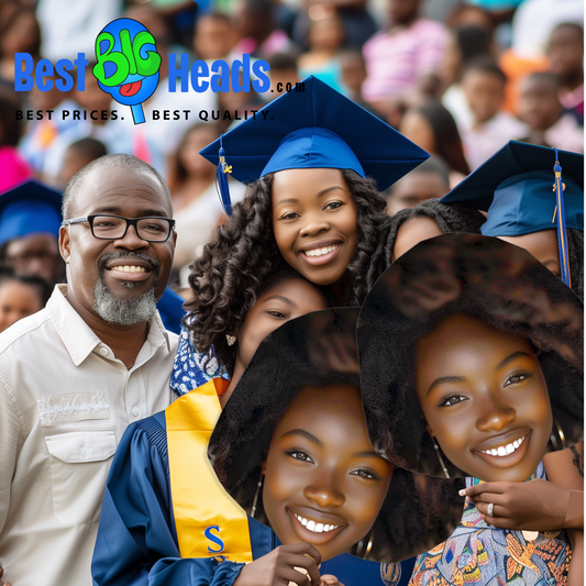 A cheerful family photo taken at a graduation party, with everyone smiling and gathered around the graduate, who is dressed in cap and gown.