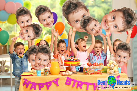 Birthday party celebration with family and friends holding custom Best BIG Heads™ cutouts for fun and memorable photos.