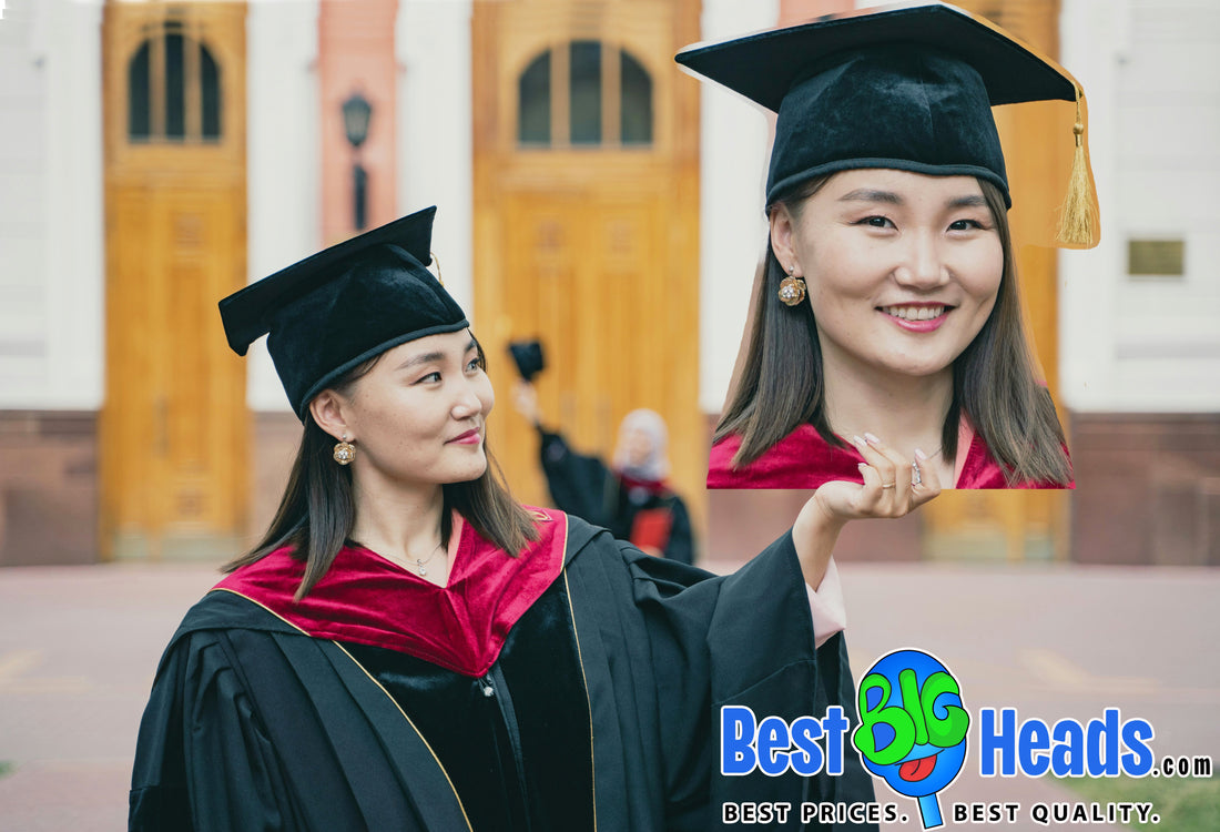 A newly graduated student holding her personalized face cutout before the graduation ceremony, smiling proudly in her cap and gown.
