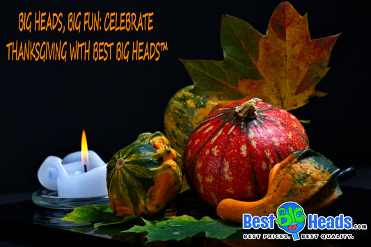 Colorful autumn gourds and leaves with a candle, paired with the Best BIG Heads™ logo and the text 'Big Heads, Big Fun: Celebrate Thanksgiving with Best BIG Heads™.'"