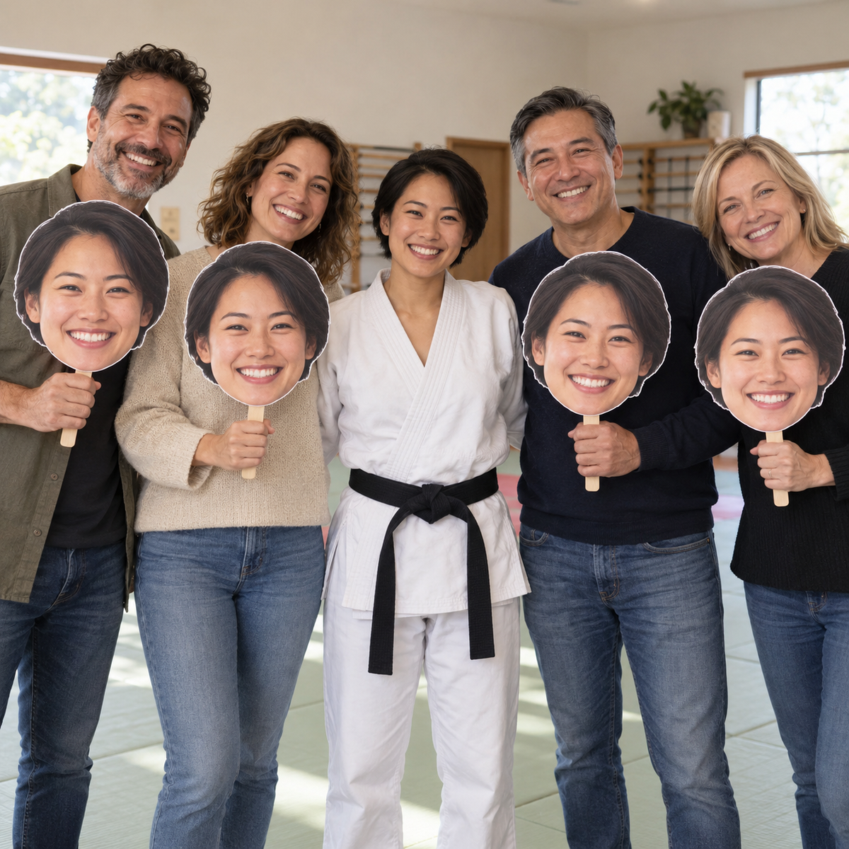 Martial artist in a white uniform and black belt with supporters holding four oversized face cutouts in a training studio.