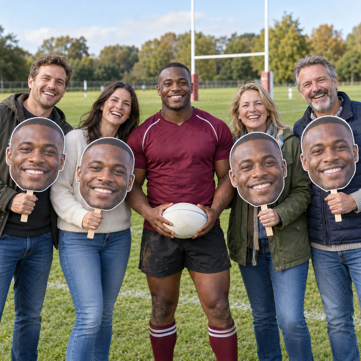 Rugby player holding an oval ball beside four adult supporters displaying oversized cutouts of his smiling face on a rugby field.