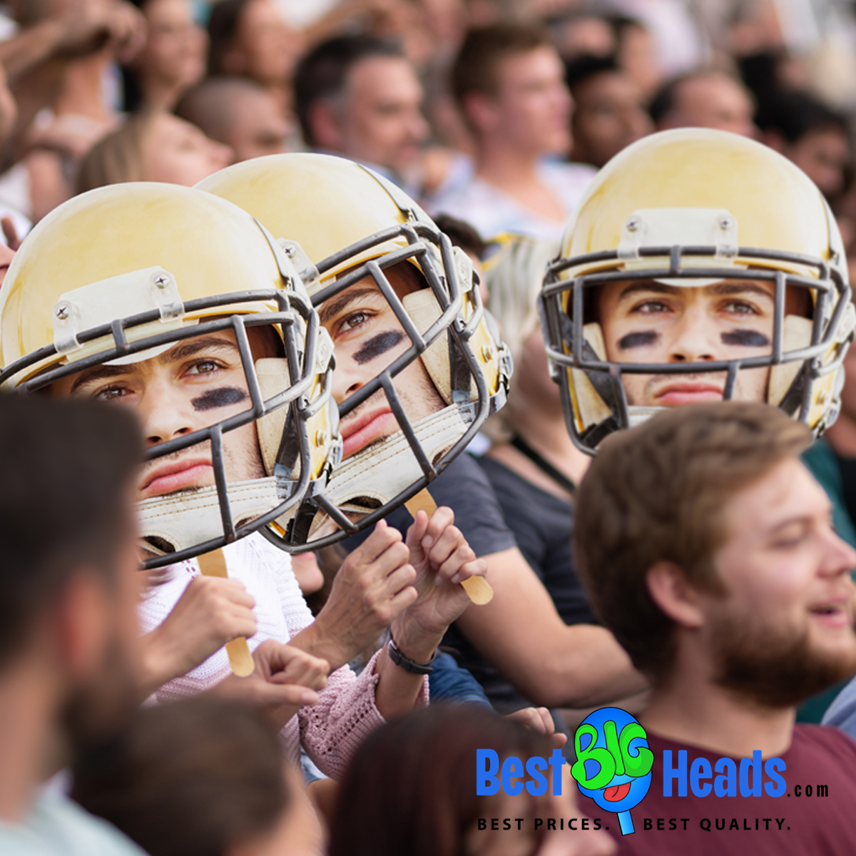 A football-themed big head cutout at a stadium