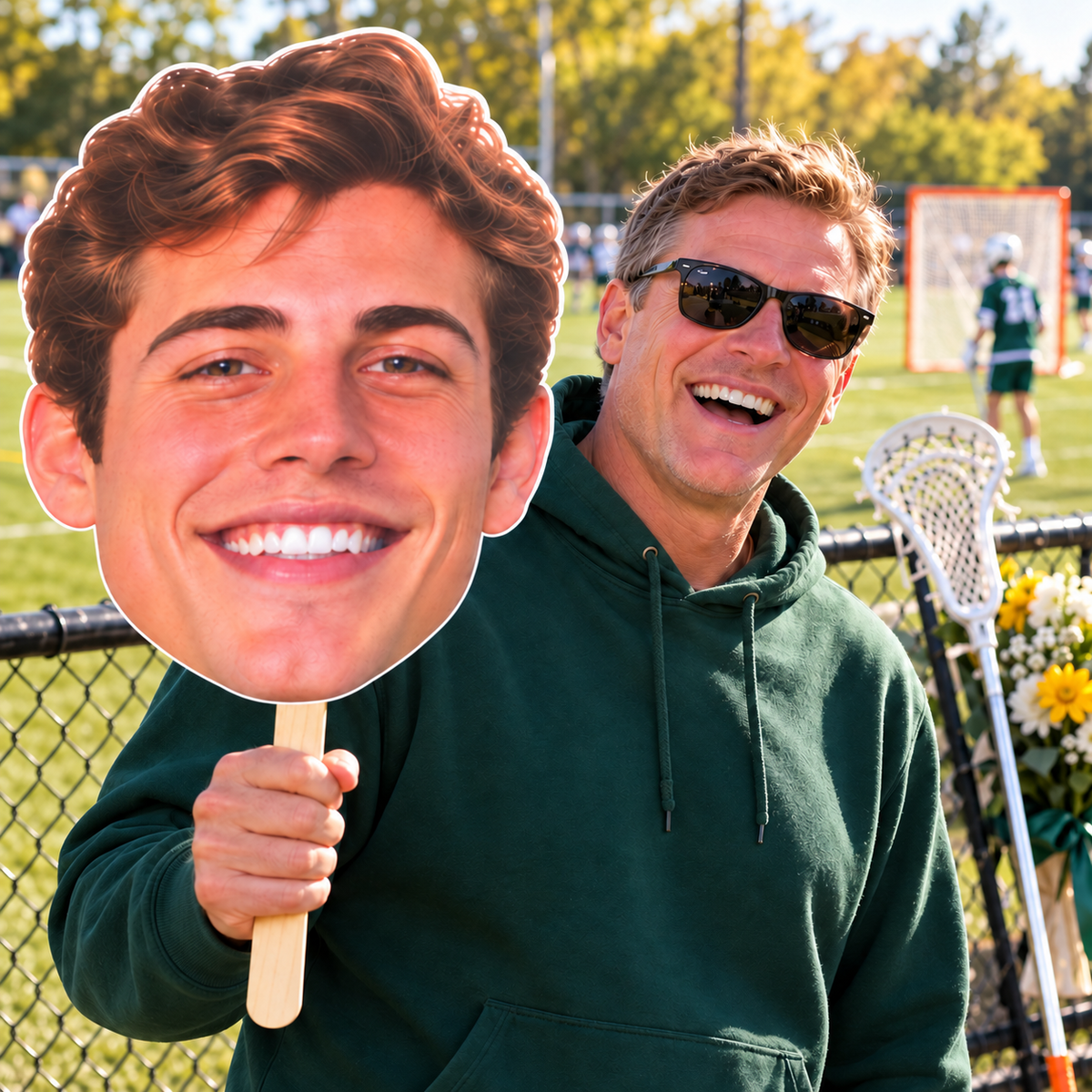 A supporter in a green hoodie holds one huge male face cutout beside his visible face, with a lacrosse stick, field goal and recognition flowers behind him