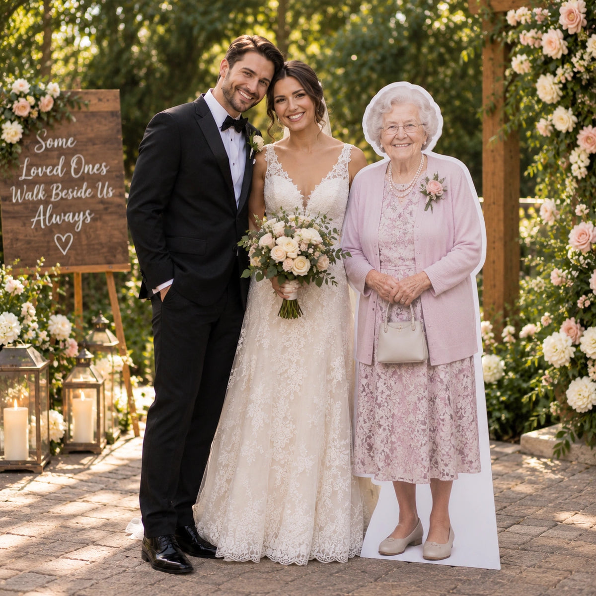 Bride and groom beside a life-size memorial custom cutout of Grandma in a pink outfit at an outdoor wedding.