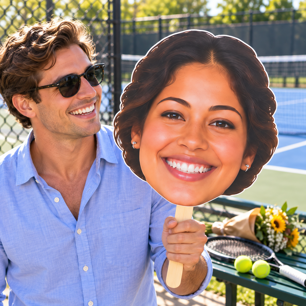 A supporter holds one huge female face cutout beside his visible face outside a tennis court, with a racket, yellow balls and recognition flowers on a bench