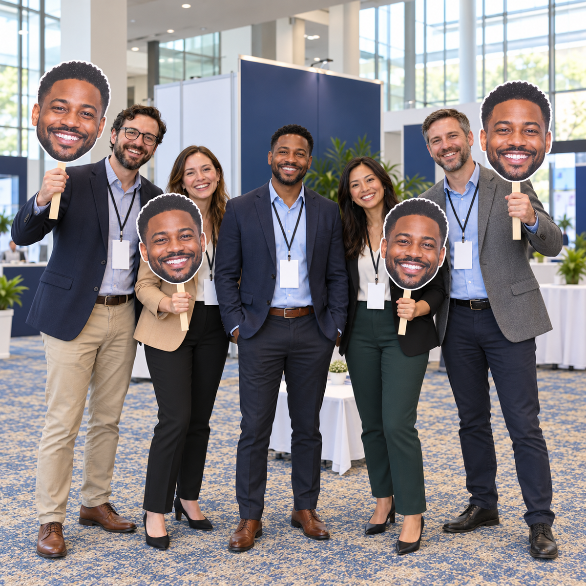 Illustration of five professionals with blank conference badges, with four holding portrait cutouts of their central teammate beside an unbranded booth.