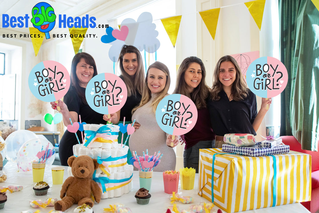 A joyful gender reveal celebration featuring the mommy-to-be at the center, surrounded by her circle of friends holding pink and blue signs. 