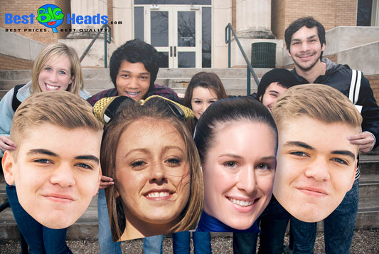 A group of friends cheerfully holding Best BIG Heads™ cutouts featuring their friends' faces, gathered together to celebrate the first day of school. The oversized cutouts add a playful and welcoming vibe, making the occasion memorable and fun.