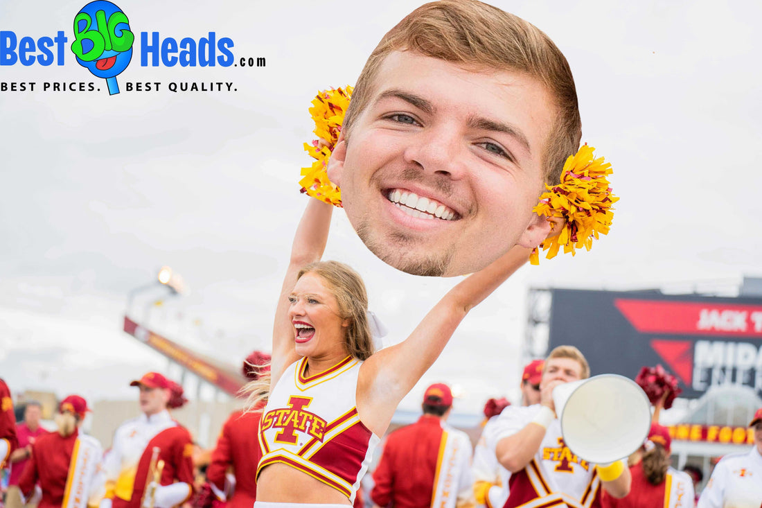 Students and fans at a school event hold up Big Head Cutouts, radiating school spirit, team pride, and excitement—transforming the pep rally into a lively and unforgettable celebration.