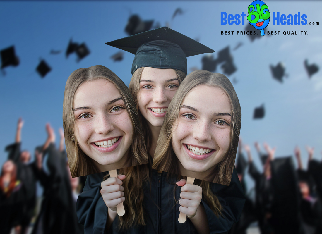 New graduate proudly holding her custom Best BIG Heads cutout during the graduation ceremony, smiling with excitement as she celebrates her achievement.