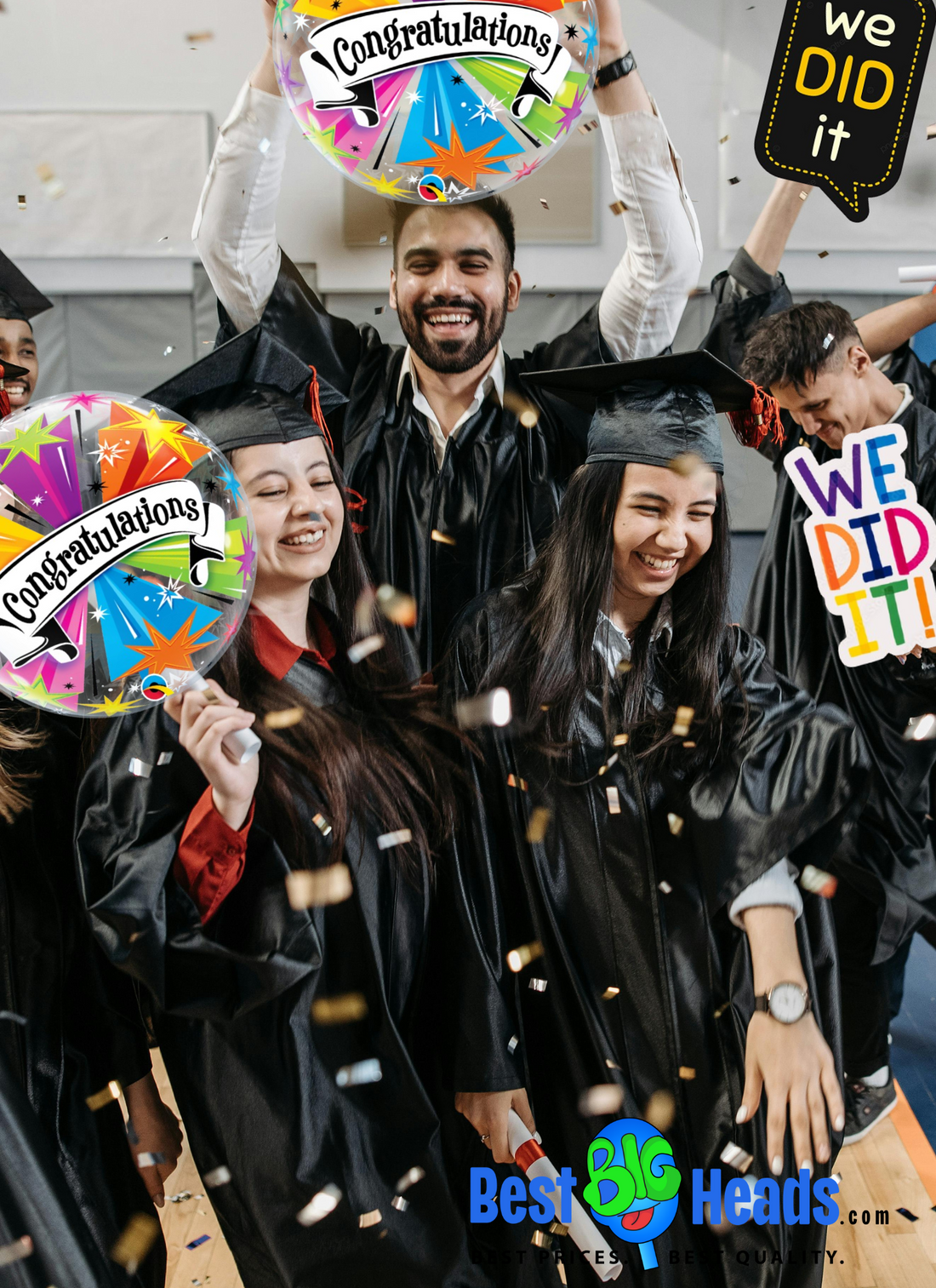 A group of newly graduated students sharing a hilarious moment, laughing and celebrating their achievement together in a joyful and festive atmosphere.