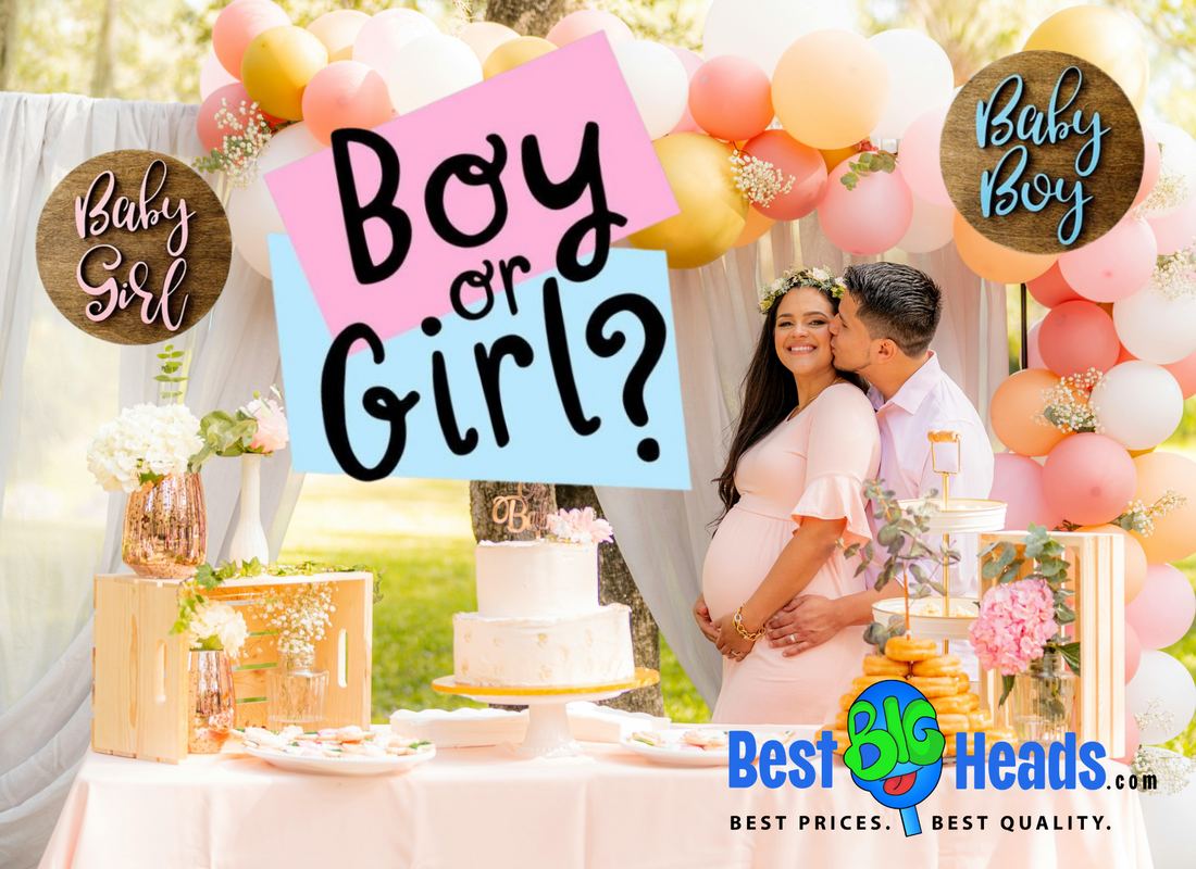  A joyful photo of parents-to-be at their gender reveal party for their first baby, surrounded by pink and blue balloons, streamers, and a "Boy or Girl?" banner. 