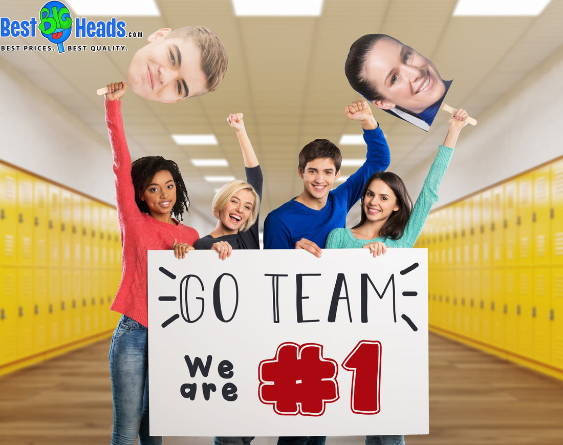 A group of excited students holding a sign, cheering for their team as #1, showing school spirit and support.