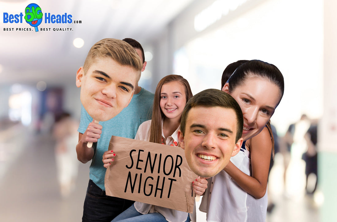 "Students cheering and holding custom big head cutouts to celebrate Senior Night, showing school spirit and support for their graduating athletes."