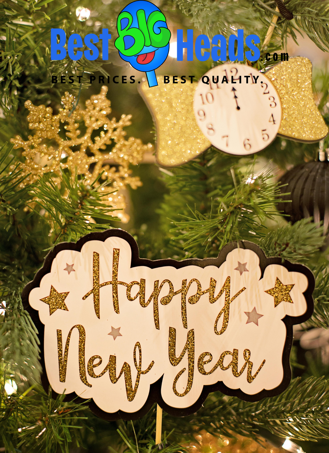 A festive New Year logo/signage cutout from Best BIG Heads™, featuring vibrant colors and celebratory designs, prominently displayed to add a cheerful and lively atmosphere to the celebration.