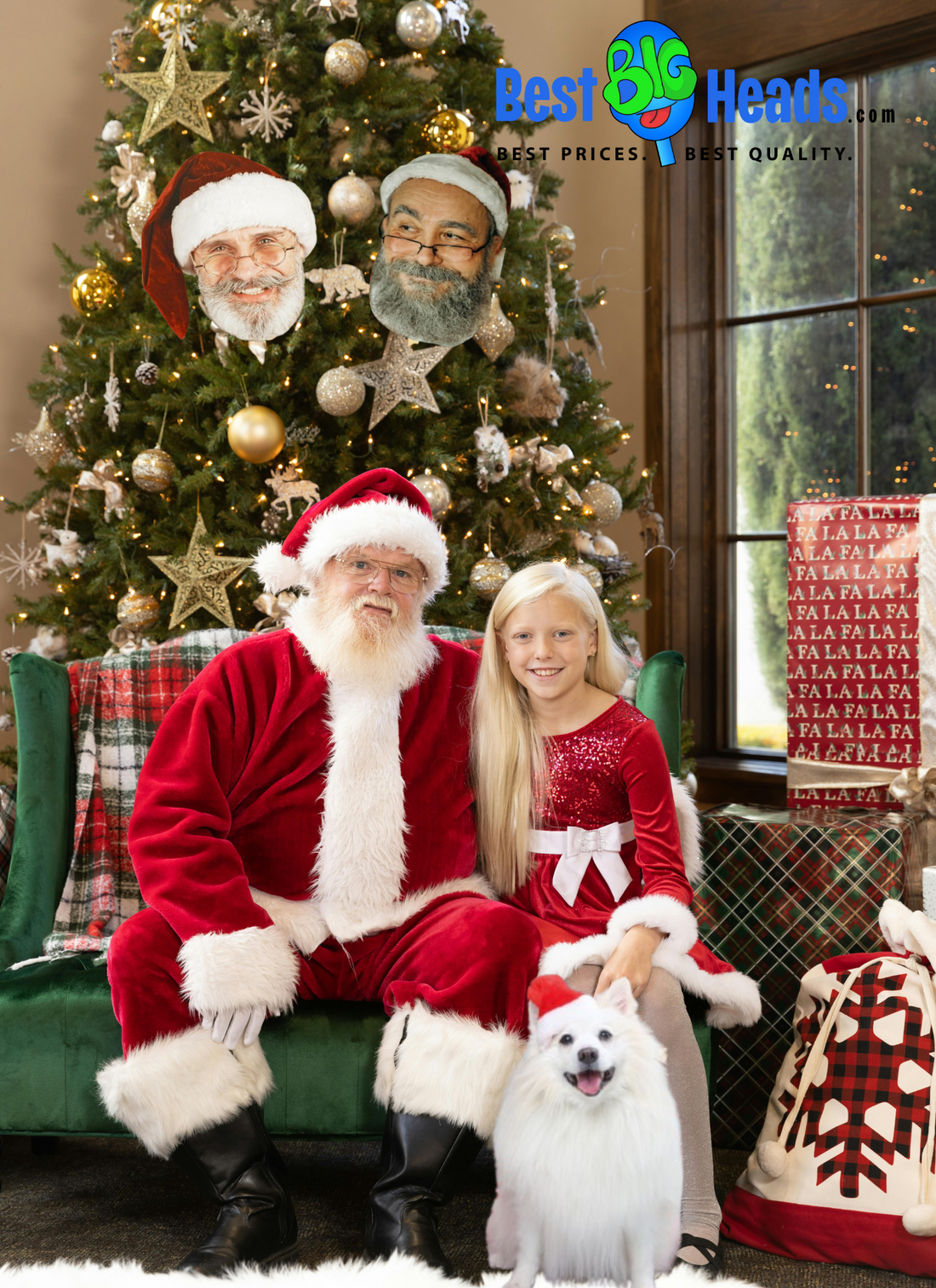 Santa Claus smiling warmly as he presents a young girl with a life-size standee of her pet dog. The girl is beaming with joy as she holds the detailed cutout, which captures her furry friend’s likeness perfectly.