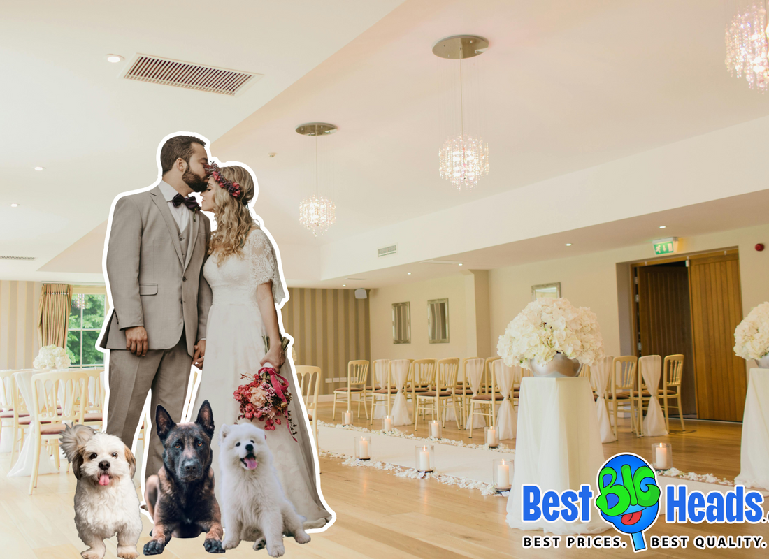 A joyful wedding reception featuring the newlyweds posing with life-size stand-ups of their beloved fur babies, adding a fun and personal touch to their special day. 🎉💍🐶🐱