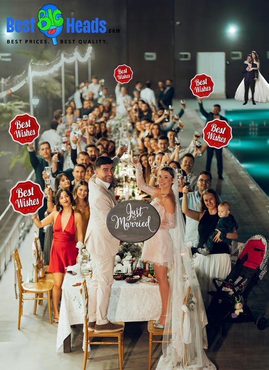 A newlywed couple joyfully raising their champagne glasses for a toast, surrounded by their guests of honor holding personalized signs with heartfelt messages.