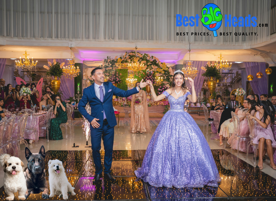 The newlyweds celebrating their after-party alongside their fur babies, with life-size Best BIG Heads™ stand-ups of the couple and pets, creating a fun and heartwarming photo booth moment for guests.