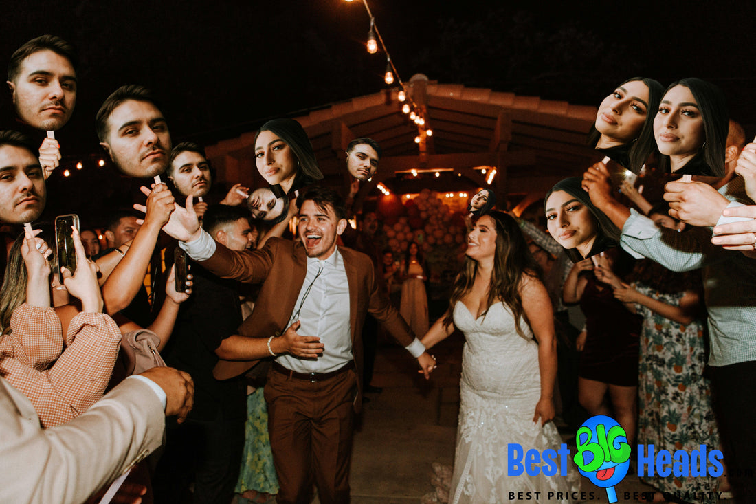 Newly married couple celebrating their wedding with custom Best BIG Heads cutouts, adding a fun and personal touch to their post-wedding festivities.