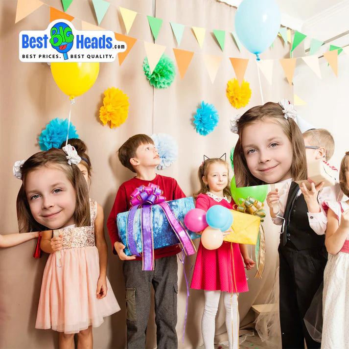Kids playing charades at a family reunion, laughing and gesturing while holding oversized personalized Best BIG Heads™ cutouts, adding humor and fun to the gathering.