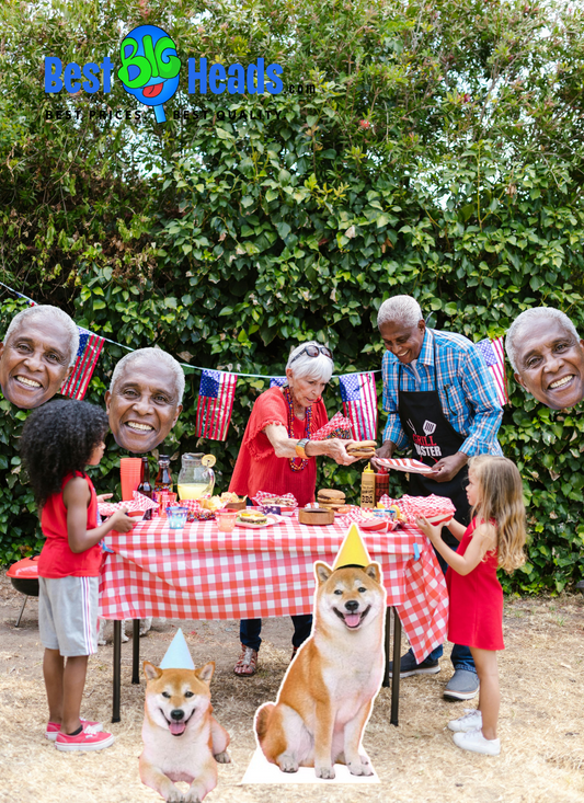 A vibrant BBQ party scene featuring a unique decoration: an oversized face cutout of the grill master prominently displayed near the table. The playful cutout adds a personal and humorous touch, celebrating the host’s role as the star of the cookout. 