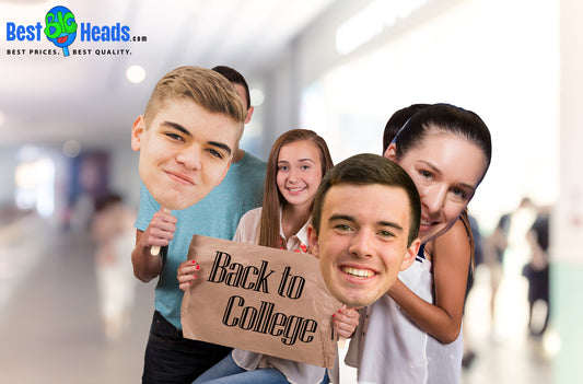 Students standing in the hallway of their dorm, proudly holding large Best BIG Head™ face cutouts of themselves, adding a fun and playful touch to their college experience.