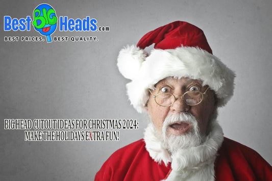 A surprised Santa Claus wearing glasses and a red Santa hat, with the Best BIG Heads™ logo above him. Text on the image reads, "Big Head Cutout Ideas for Christmas 2024: Make the Holidays Extra Fun!"