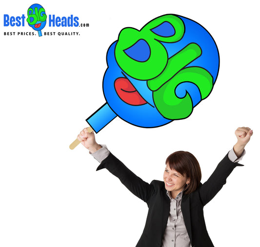 Woman smiling and proudly holding the Best Big Head logo, showcasing excitement and enthusiasm for the fun and unique product.