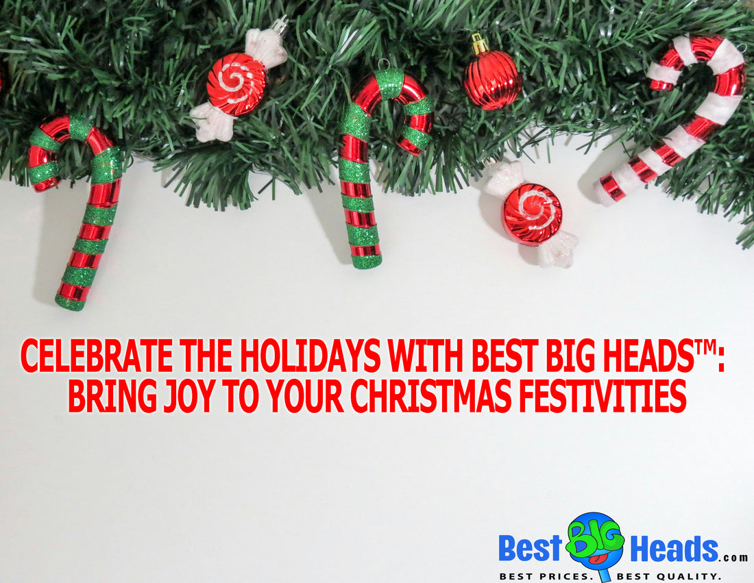 "Festive Christmas garland with candy cane and peppermint ornaments, featuring the text 'Celebrate the Holidays with Best BIG Heads™: Bring Joy to Your Christmas Festivities' in bold red, accompanied by the Best BIG Heads™ logo."