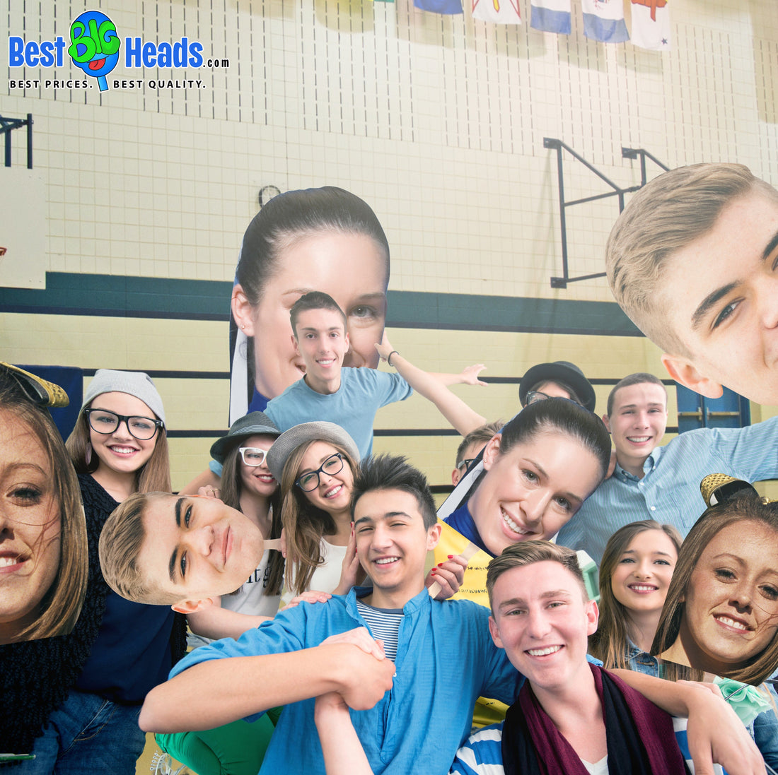 A group of smiling students proudly celebrating senior night while holding oversized face cutouts of their graduating classmates.