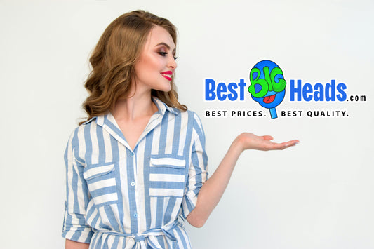 Alt text: "Smiling woman presenting Best Big Heads™ logo, showcasing custom cutout designs."