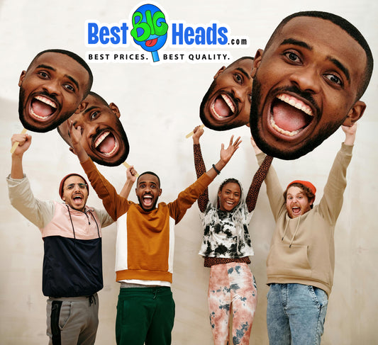 Group of five excited people holding oversized big head cutouts with joyful expressions, celebrating together under the Best Big Heads™ logo.