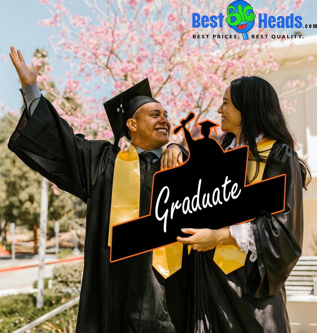A newly graduated couple smiling and celebrating together during one of the most special milestones of their lives.