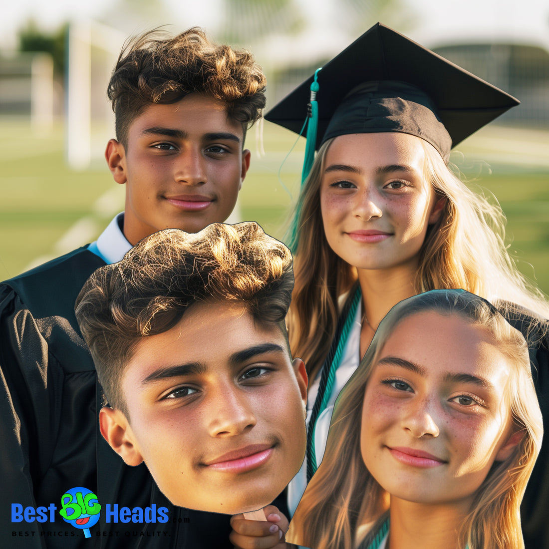 A graduating couple holding their own face cutouts from Best Big Heads.