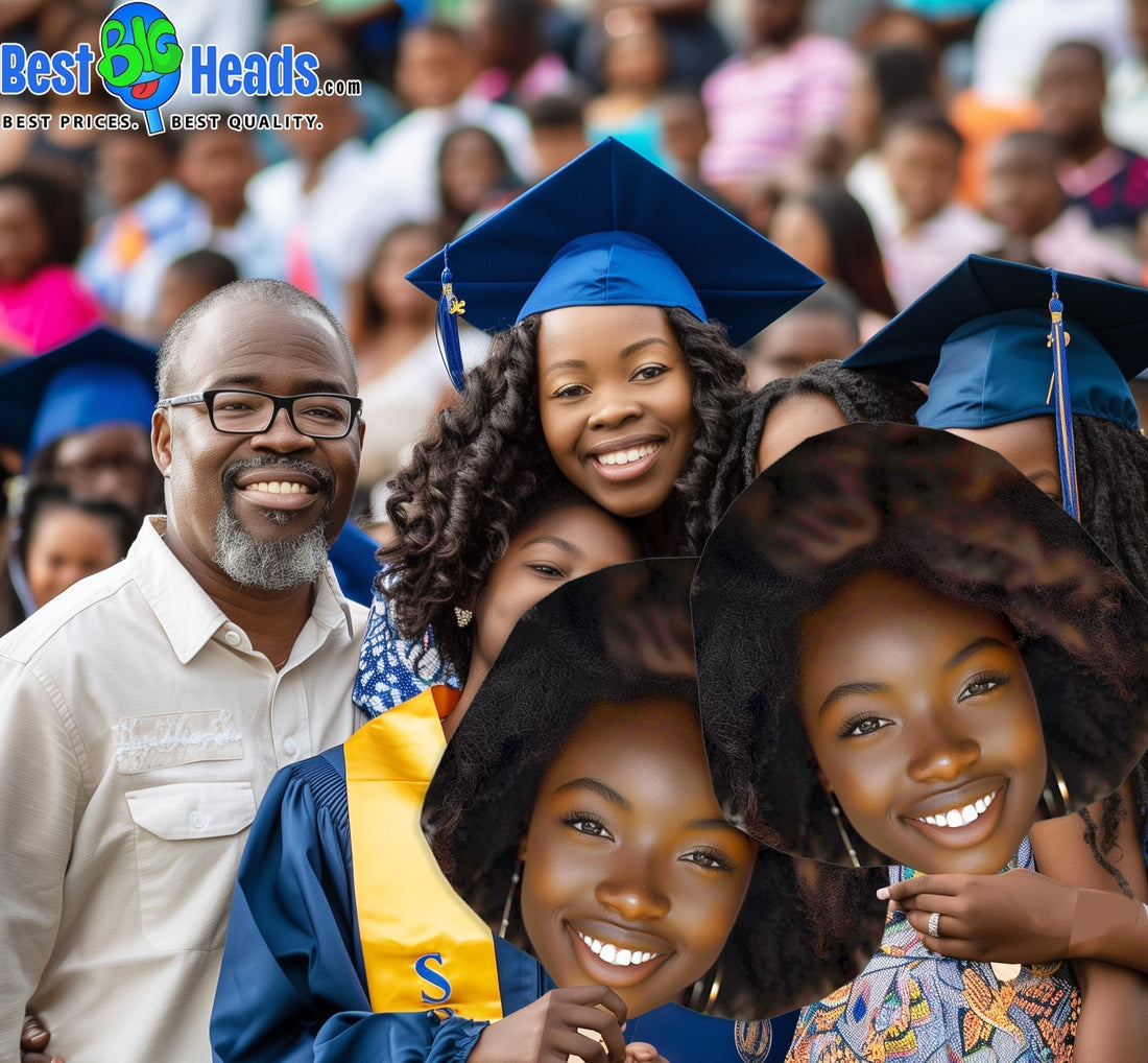 A proud family cheering and holding a large face cutout of their graduate, showing love and support on her special graduation day