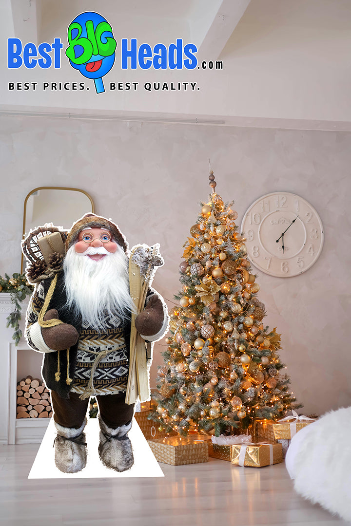 A beautifully decorated Christmas tree glowing with twinkling lights and elegant ornaments, standing next to a life-sized cutout of Santa Claus dressed in his classic red suit and holding a sack of presents, creating a magical and festive holiday scene.