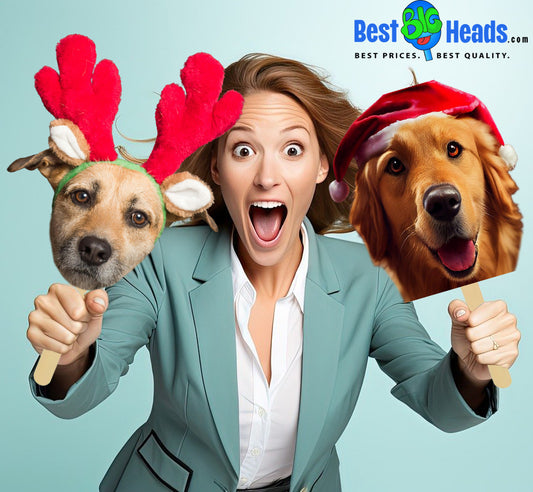 A heartwarming photo of a proud fur mommy holding oversized face cutouts of her two adorable fur babies. Her joyful smile reflects her love and bond with her pets, while the playful cutouts add a fun and personal touch to the moment.