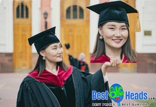 A newly graduated student holding her personalized face cutout before the graduation ceremony, smiling proudly in her cap and gown.