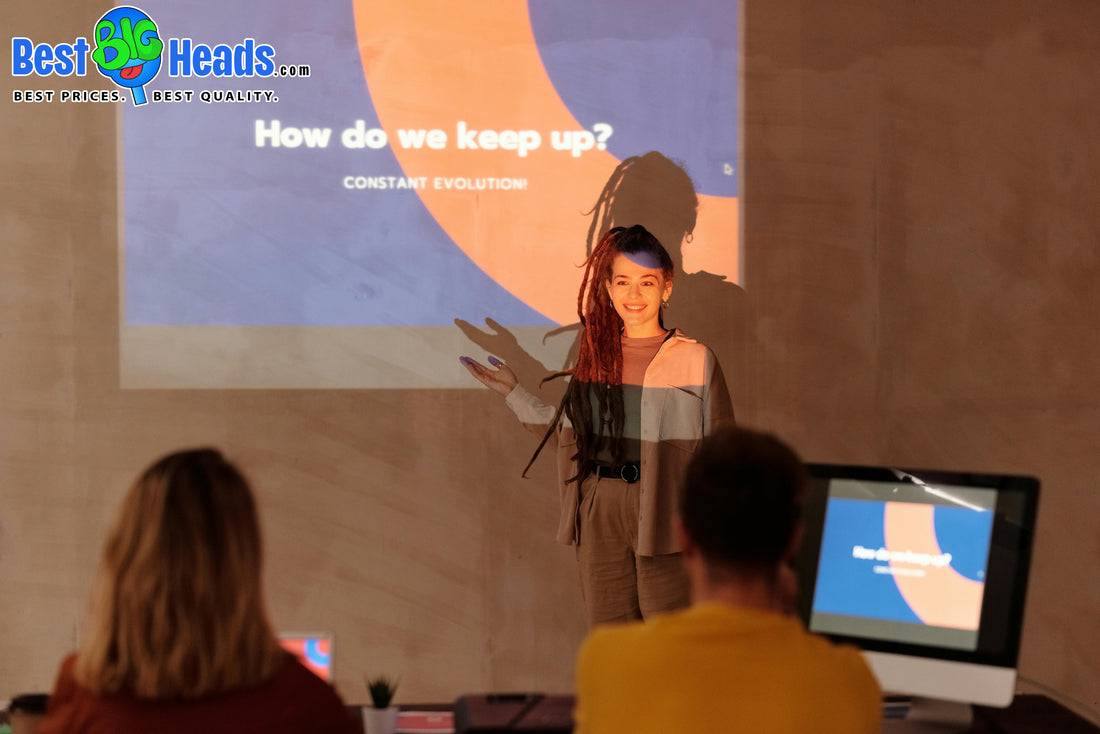 "Young professional giving a presentation at a corporate event, with a Best BIG Heads™ logo in the corner."