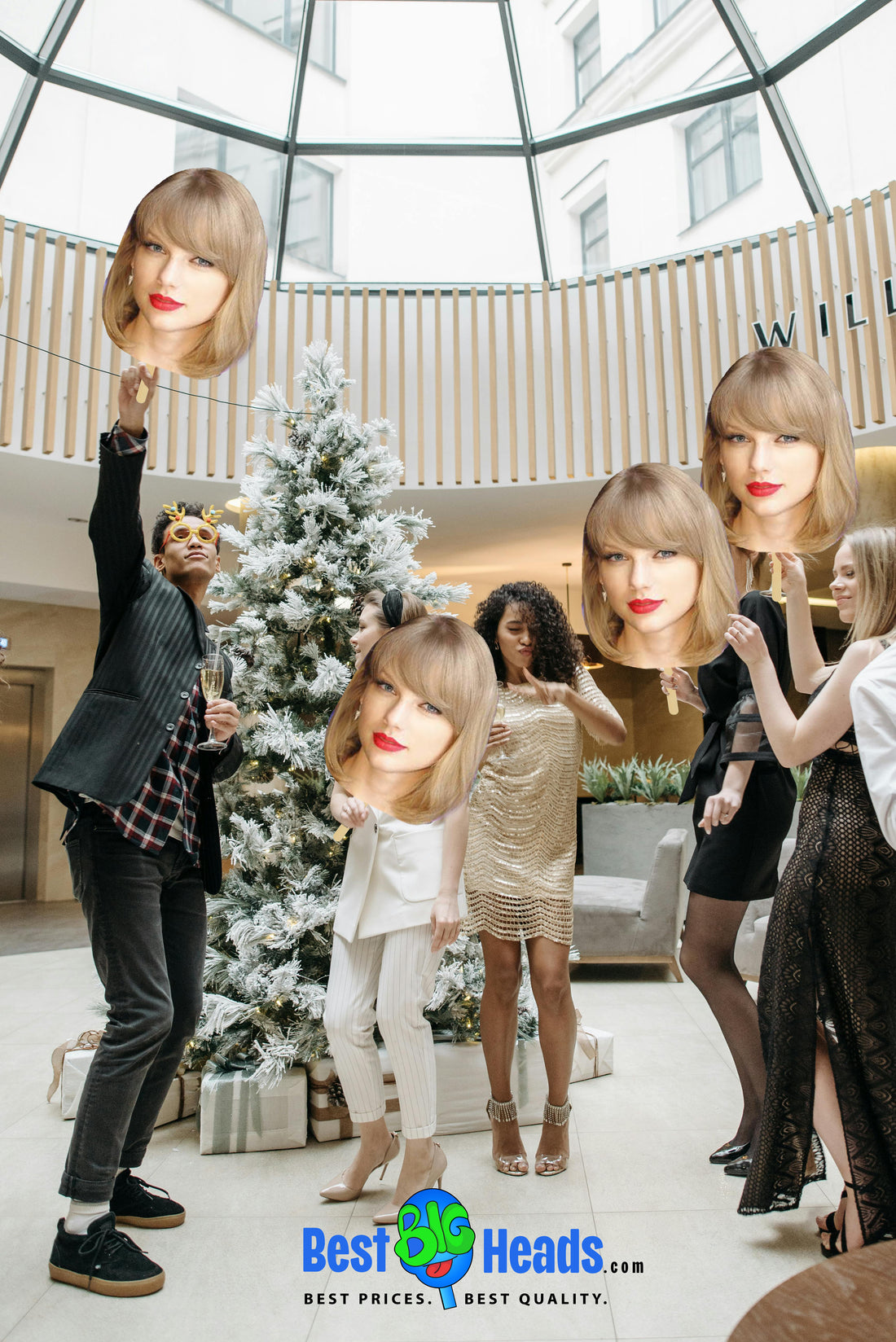 Taylor Swift face cutouts displayed at a lively house party; these oversized, customizable cutouts serve as fun decorations, sparking conversations, laughter, and breaking the ice among guests.