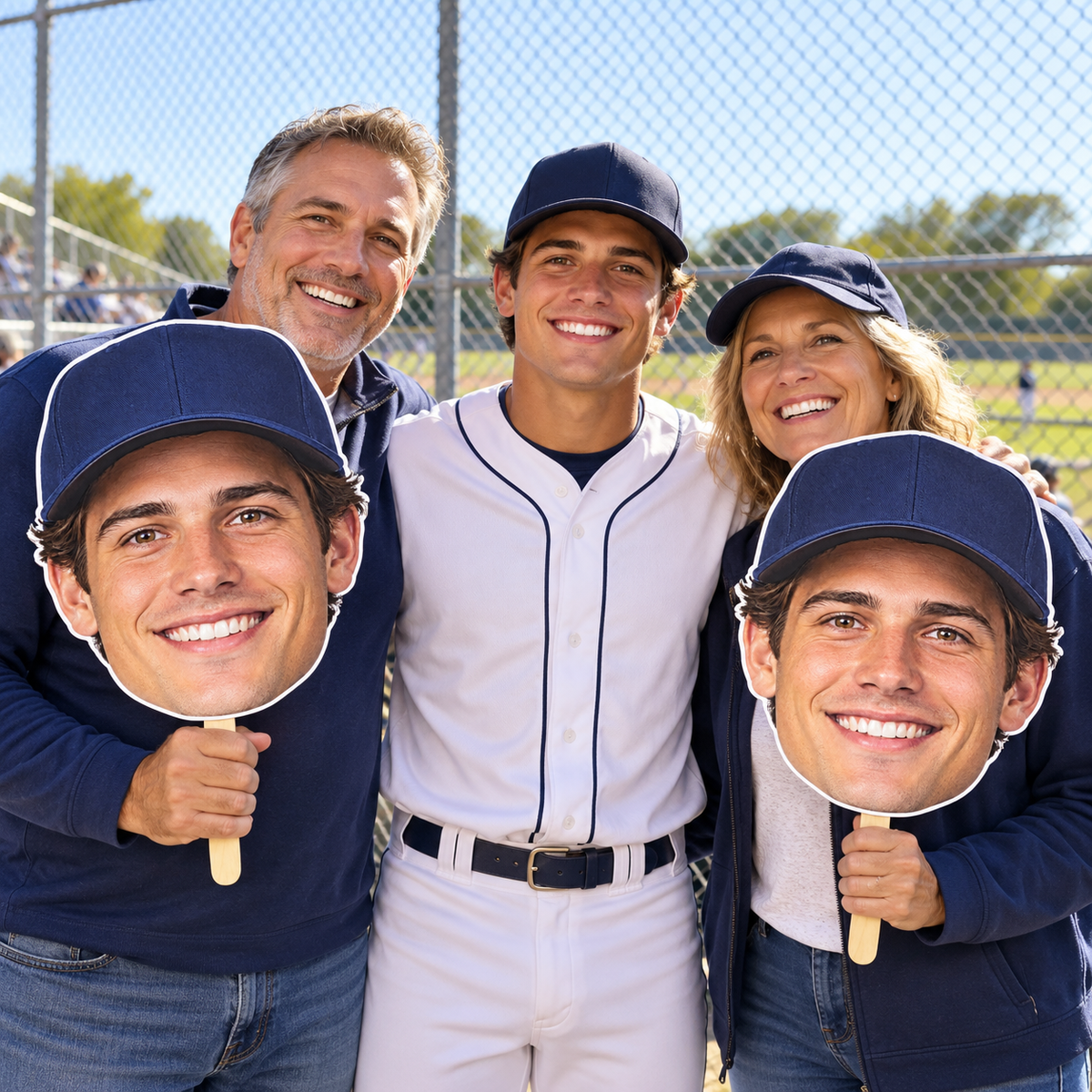 Baseball player with family holding oversized matching photo face cutouts at the field