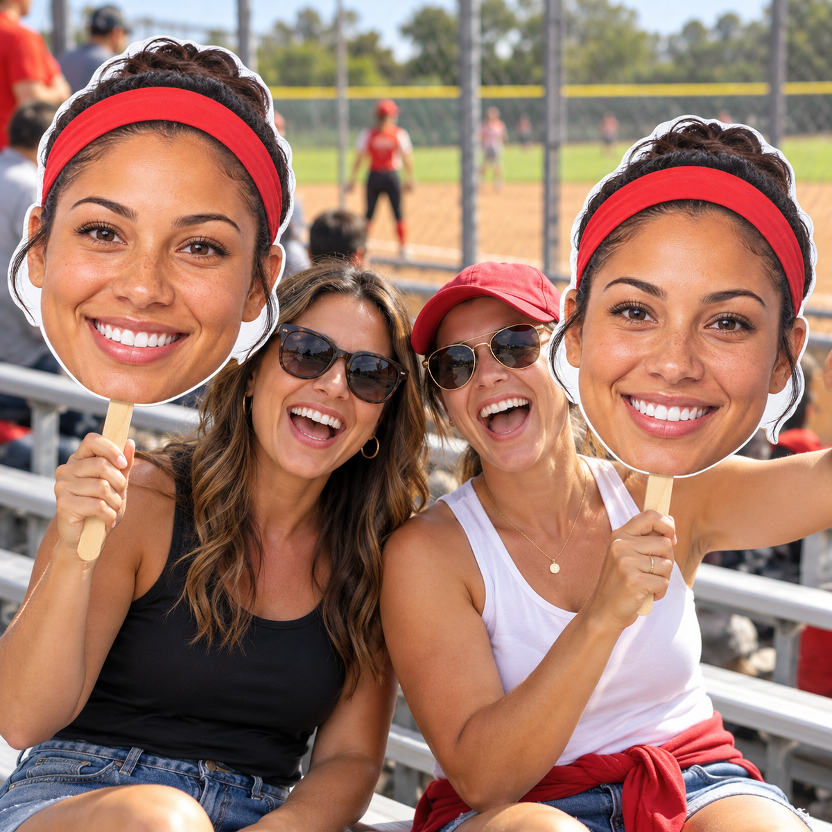 Two softball supporters holding oversized matching face cutouts in the bleachers