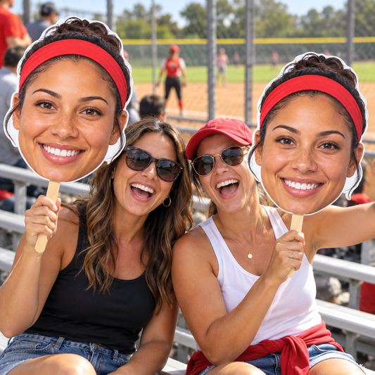Two softball supporters holding oversized matching face cutouts in the bleachers