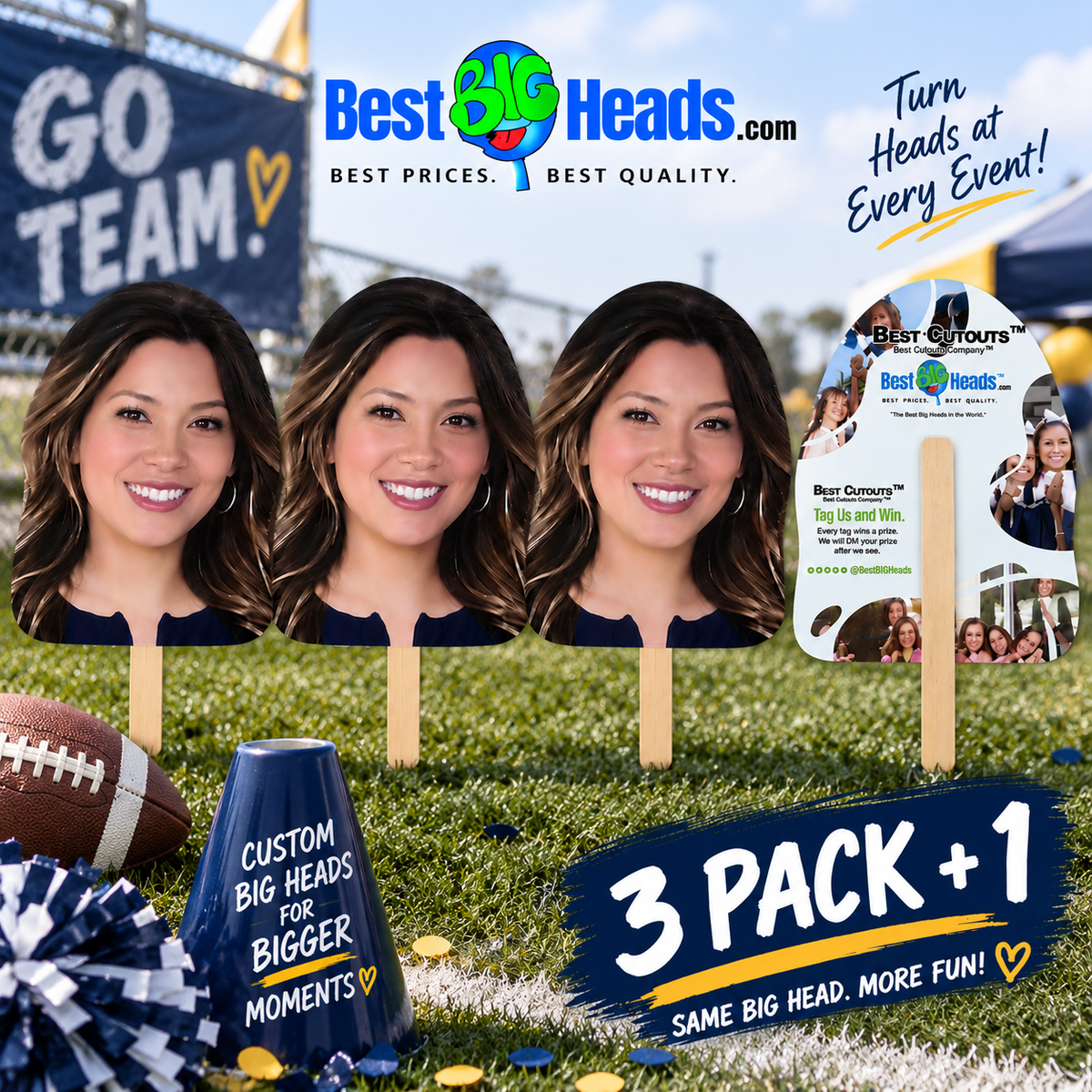 A promotional product shot for a Best Big Heads.com 3-pack plus 1 custom sign set, featuring three cutout head-shaped signs with a woman's face, a blue custom cone, a football, and a blue-and-white pom-pom on a grassy field.