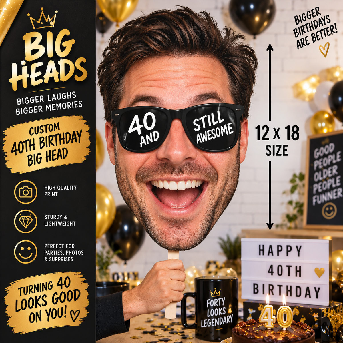 A man wearing oversized novelty sunglasses with the text '40 AND STILL AWESOME' on a party setup. The image includes promotional text on the left and right, size callouts reading 12 x 18, and party decor including balloons, a cake, and a sign reading 'HAPPY 40TH BIRTHDAY'.